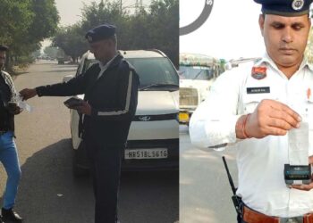 फरीदाबाद ट्रैफिक पुलिस के द्वारा विषेश अभियान के तहत विदाउट हाई सिक्यॉरिटी नंबर प्लेट तथा ड्रिंक एंड ड्राइविंग के काटे गए 169 चालान।
